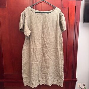 Saiph Made In Italy  100% Linen Ivy Lace Hem Ruffle Sleeve Shift Dress Size 1X